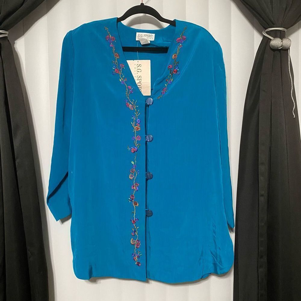 SG Sport Collection Teal button long sleeve blouse with embroidered flowers